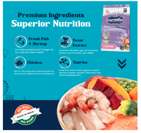 Carniwel Fresh Fish & Shrimp Kitten Dry Cat Food 3 Kg | Fresh & Natural Ingredients | Highly Palatable | Supports Healthy Skin & Glossy Coat