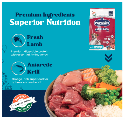 Carniwel Fresh Lamb Starter Dry Dog Food 1 Kg | Natural Ingredients for Easy Weaning | GMO-Free | Highly Palatable | Immune & Lactation Support