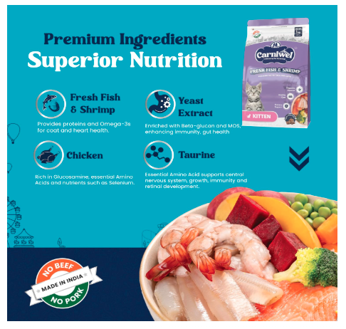 Carniwel Fresh Fish & Shrimp Kitten Dry Cat Food 1 Kg | Fresh & Natural Ingredients | Highly Palatable | Supports Healthy Skin & Glossy Coat