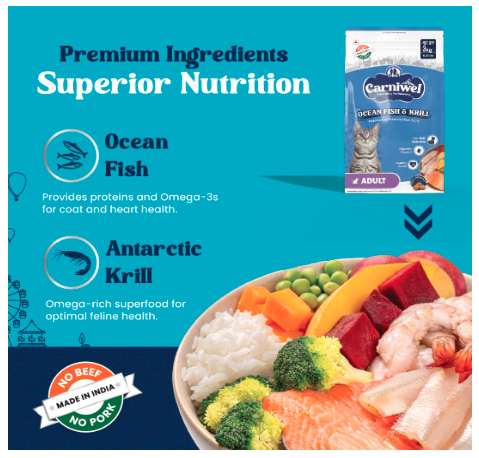 Carniwel Ocean Fish & Antarctic Krill Adult Dry Cat Food 3 kg | Fresh & Natural Ingredients | Highly Palatable | Supports Healthy Skin & Glossy Coat