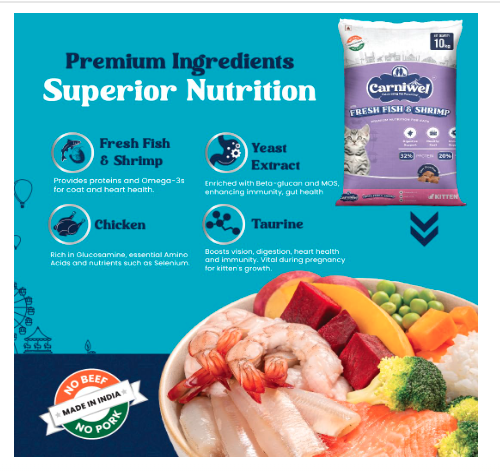 Carniwel Fresh Fish & Shrimp Kitten Dry Cat Food 10 Kg | Fresh & Natural Ingredients | Highly Palatable | Supports Healthy Skin & Glossy Coat