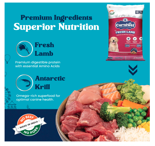 Carniwel Fresh Lamb Puppy Dry Dog Food 10 Kg | Natural Ingredients for Healthy Skin & Coat | Highly Palatable | Supports Brain & Muscle Development