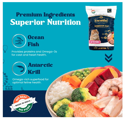 Carniwel Persian Kitten Dry Cat Food with Antarctic Krill | 3X Healthy Skin & Coat | Easy Digestion & Hairball Reduction, 7 kg