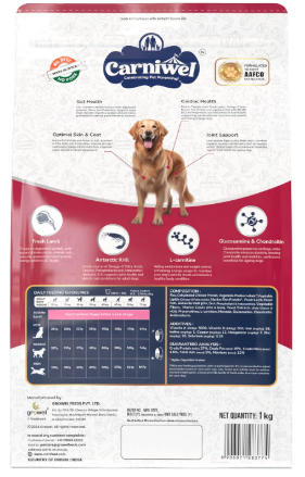 Carniwel Fresh Lamb Adult Dry Dog Food 1 Kg | Natural Ingredients for Optimal Skin & Coat Health | Highly Palatable | Supports Joint Health