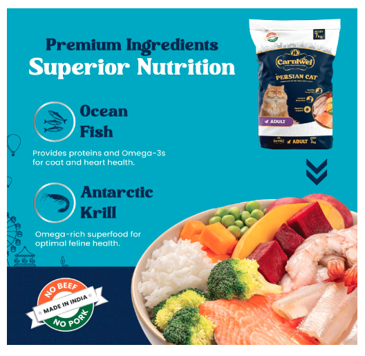 Carniwel Persian Adult Dry Cat Food with Antarctic Krill | 3X Healthy Skin & Coat | Easy Digestion & Hairball Reduction, 7 kg