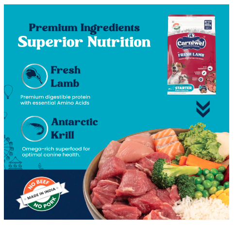 Carniwel Fresh Lamb Starter Dry Dog Food 400 gm | Natural Ingredients for Easy Weaning | GMO-Free | Highly Palatable | Immune & Lactation Support