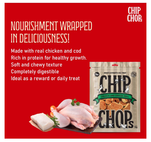 Chip Chops Chicken Codfish Rolls Dog Treats, High Protein Dog Snacks, Healthy Training Treats for Dogs, Easily Digestible 70g Pack