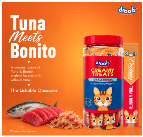 Drools All Life Stages Creamy Lickable Cat Treats 25 Pieces, Pack Total 375g | Tuna & Bonito Flavour | Taurine for Heart and Vision Health