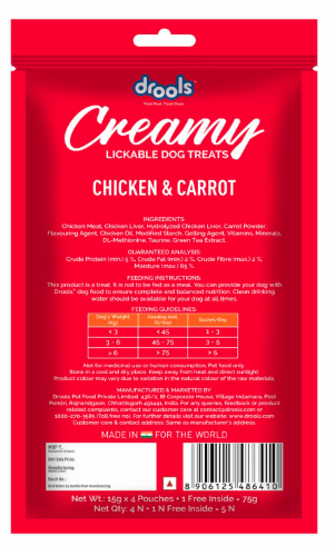 Drools All Life Stages Dog Treats Creamy 5 Sticks Tasty & Nutritious Snack for All Breeds (15g x5) 75g | Chicken & Carrot Flavour | Ideal for Training