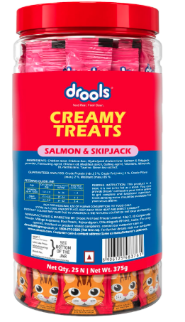 Drools All Life Stages Creamy Lickable Cat Treats 25 Pieces, Pack Total 375g | Salmon & Skipjack Flavour | Taurine for Heart and Vision Health
