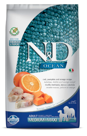FARMINA PET FOODS Ocean Dry Dog Food, Grain-Free, Adult Medium and Maxi Breed, 2.5-kg, Codfish Pumpkin and Orange