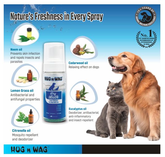 Hug n Wag Dry Bath Foam Cleanser for Dogs & Cats | Waterless No-Rinse Pet Shampoo | with Neem, Lemon Grass & Cedarwood Oils (150 ml) | Pack of 1