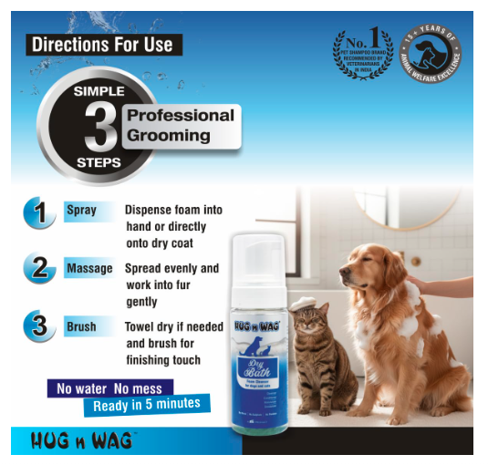 Hug n Wag Dry Bath Foam Cleanser for Dogs & Cats | Waterless No-Rinse Pet Shampoo | with Neem, Lemon Grass & Cedarwood Oils (150 ml) | Pack of 1