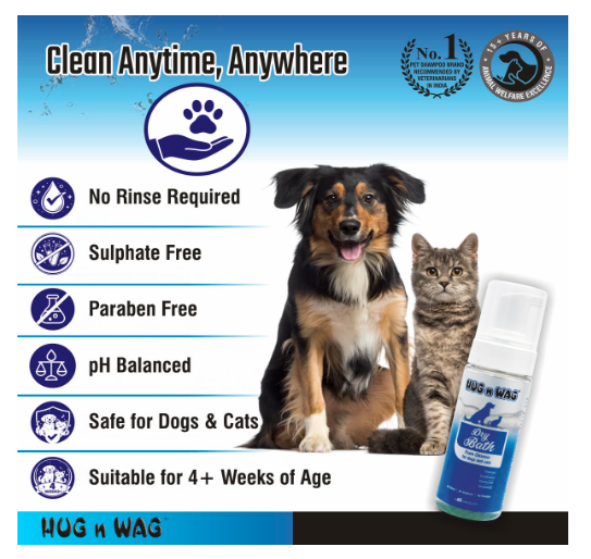 Hug n Wag Dry Bath Foam Cleanser for Dogs & Cats | Waterless No-Rinse Pet Shampoo | with Neem, Lemon Grass & Cedarwood Oils (150 ml) | Pack of 1
