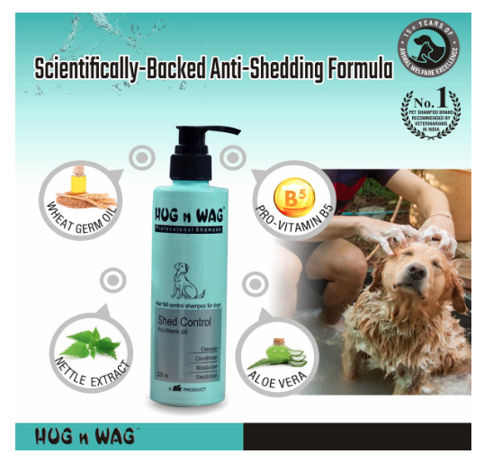 Hug n Wag Professional Shed Control Dog Shampoo | 4-in-1 Hair Fall Control Formula | Wheat Germ Oil, Nettle Extract & Pro-Vitamin B5 | 500 ml