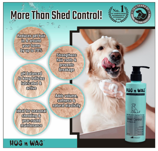 Hug n Wag Professional Shed Control Dog Shampoo | 4-in-1 Hair Fall Control Formula | Wheat Germ Oil, Nettle Extract & Pro-Vitamin B5 | 500 ml