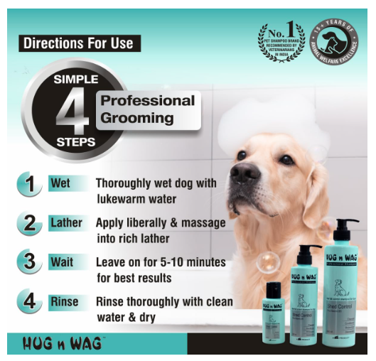 Hug n Wag Professional Shed Control Dog Shampoo | 4-in-1 Hair Fall Control Formula | Wheat Germ Oil, Nettle Extract & Pro-Vitamin B5 | 500 ml