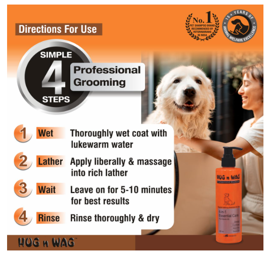 Hug n Wag Professional 4-in-1 Dog Shampoo | Cleanser, Conditioner, Moisturizer, & Deodorizer | Orange Peel Oil & Pro-Vitamin B5 | 500ml | Pack of 1