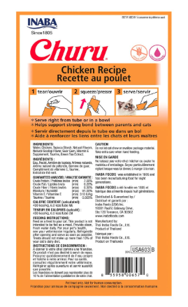 Inaba Churu Cat Treats, Grain-Free, Lickable, Squeezable Creamy Purée Cat Treat/Topper with Vitamin E & Taurine, Chicken Recipe, (Pack of 6)