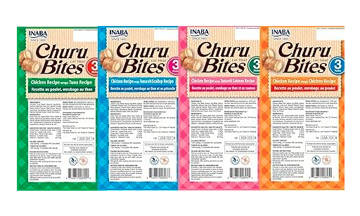 Inaba Churu Bites for Cats, Grain-Free, Soft/Chewy Baked Chicken Wrapped Cat Treats with Savory Churu Centers, 4 Flavour Variety Packs (2 Each)
