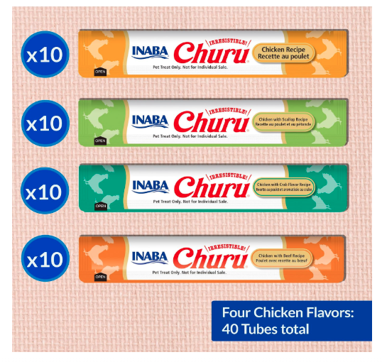 Inaba Churu Cat Treats, Grain-Free, Lickable, Squeezable Creamy Purée Cat Treat/Topper with Vitamin E & Taurine, 0.5 Ounces Each Tube, 40 Tubes