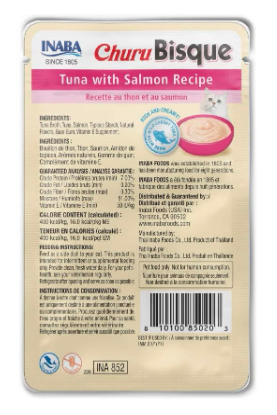 Inaba Churu Bisque Cat Treats Tuna and Salmon Flavor, Creamy Puree, Delicious Flavor, 4 Sachets of 40 grs each