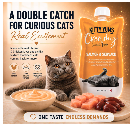 Kitty Yums All Life Stages Creamy Lickable Cat Treat (80g X12),960g Pack | Salmon & Skipjack Flavour | Stick| Easy to Hand Feed