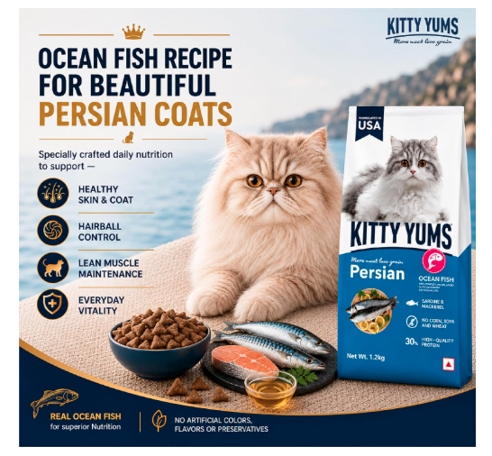 Kitty Yums Adult Persian Dry Cat Food 7kg Pack | Ocean Fish Flavour | Supports Vision | Promotes Healthy Skin & Coat | Builds Strong Bones