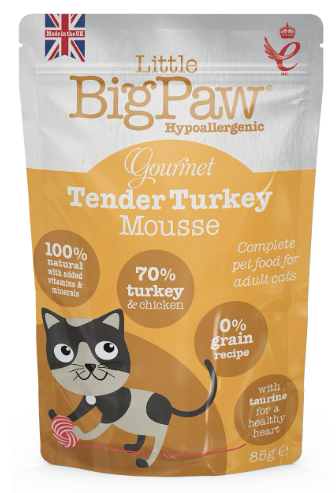 Little Big Paw Gourmet Tender Turkey Mousse for Cats, Grain Free and Hypoallergenic Wet Cat Food, 85 GMS Each (Pack of 12),All Life Stages