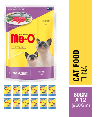 Me-O Pouch Wet Cat Food Tuna in Jelly 80 G, (Pack of 12, 960g), All Life Stages