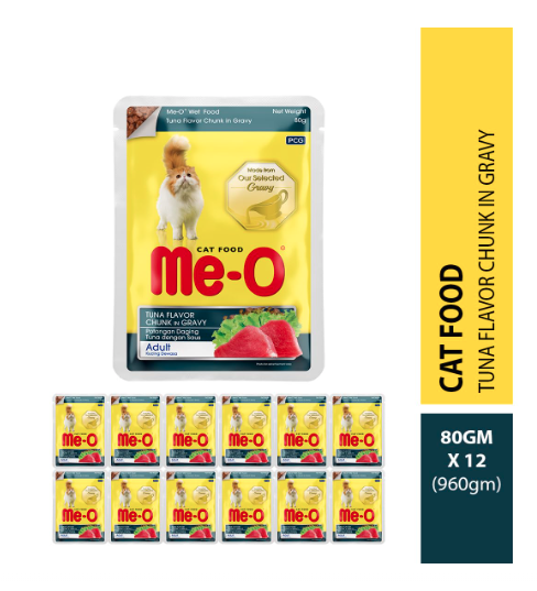 Me-O Pouch CAT Wet Food, Tuna Flavour Chunk in Gravy 80 G, Pack of 12 (80 G X 12, 960 G),Adult