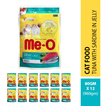 Me-O Pouch Kitten Food - Tuna and Sardine in Jelly 80G/48 (Pack of 12, 960g)