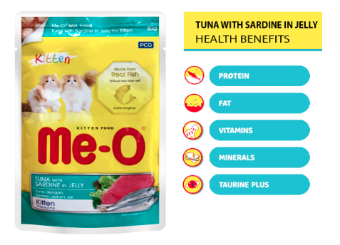 Me-O Pouch Kitten Food - Tuna and Sardine in Jelly 80G/48 (Pack of 12, 960g)