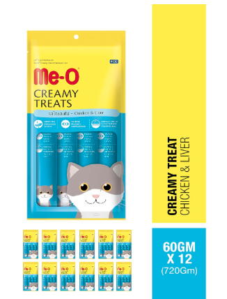 Me-O Creamy Cat Treats - Chicken & Liver Flavor 60 G Pack of 12 (720G), for All Life Stages