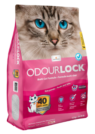 OdourLock Baby Powder Scented Ultra Premium Cat Litter -Blocks Ammonia, Dust-Free, Extra-Hard Clumping, 40-Day Odor Control, Quick Absorption, 12kg
