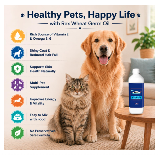 Rex Wheat Germ Oil 500 ml | Rich in Vitamin E & Omega 3, 6 | Skin & Coat Supplement for Dogs, Cats, Horses, Birds & Small Pets