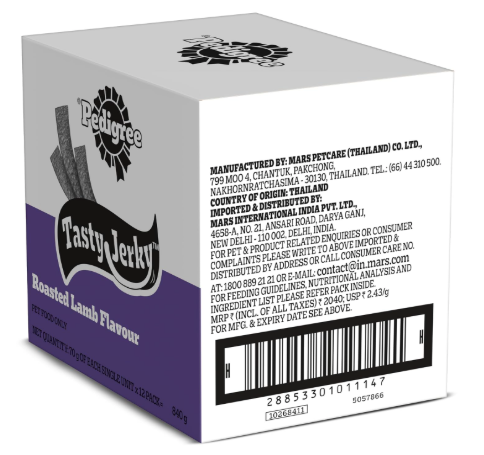Pedigree Tasty Jerky Dog Treat, Roasted Lamb Flavour, 70 g x 12, Jerky-Style Treats for Bonding, Low-Fat and Rich-Protein* Dog Treats