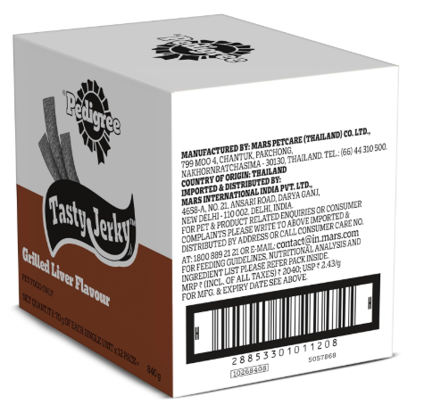 Pedigree Tasty Jerky Dog Treat, Grilled Liver Flavour, 70 g x 12, Jerky-Style Treats for Bonding, Low-Fat and Rich-Protein* Dog Treats