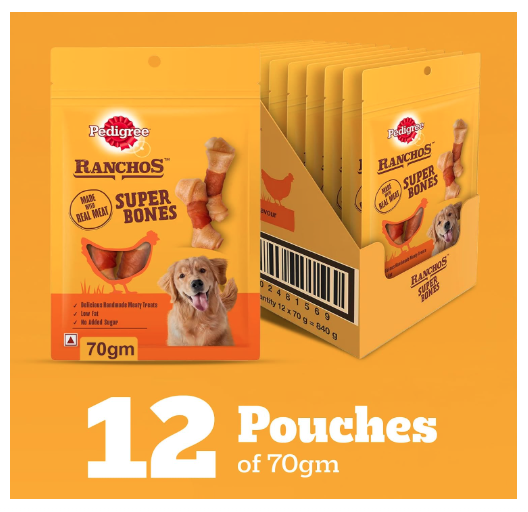 Pedigree Ranchos Super Bones (1+ Years) Dog Treats, Chicken & Milky Flavour, 70 g (Pack of 12), Low-Fat Treat With No Added Sugar