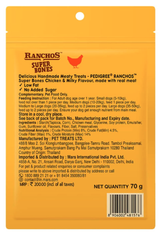 Pedigree Ranchos Super Bones (1+ Years) Dog Treats, Chicken & Milky Flavour, 70 g (Pack of 12), Low-Fat Treat With No Added Sugar