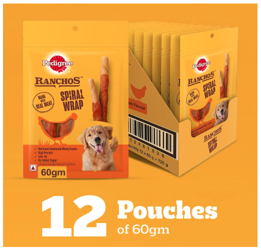 Pedigree Ranchos Spiral Wrap (1+ Years) Dog Treats, Chicken & Smokey Lamb Flavour, 60 g (Pack of 12), Rich in Protein & Low in Fat With No Added Sugar
