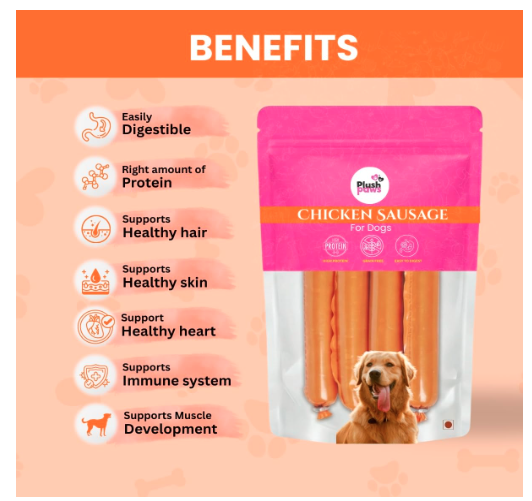 Plushpaws Dog Sausage Treats Chicken Sausages for Dogs | Protein-Rich, Soft & Tasty Training Snacks 15g x 5 (Pack of 6 = 30 Sausages)
