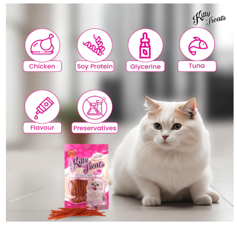 Rena Kitty Soft Cat Treats, Tuna and Chicken Stripes for Cats, Protein and Fiber Rich Snack Pack of 2, Each 30g