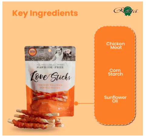 Rena’s Love Chicken Wrapped Double Sticks Dog Treats | High Protein, Low Fat, Natural Chicken Snacks | Long-Lasting Chew Treats, 438g (Pack of 3)