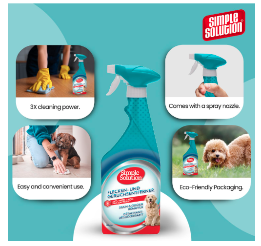 Simple Solution Dog Extreme Stain and Odour Remover, 3X Cleaning Power,Pro Bacteria and Enzymes Formula 750ml Spray Bottle