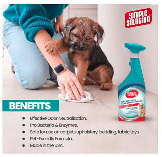 Simple Solution Dog Extreme Stain and Odour Remover, 3X Cleaning Power,Pro Bacteria and Enzymes Formula 750ml Spray Bottle