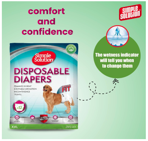 Simple Solution True Fit Disposable Dog Diapers for Female Dogs, Super Absorbent with Wetness Indicator, Leak Proof XXL Size 56-94cm Waist (12 Pack)