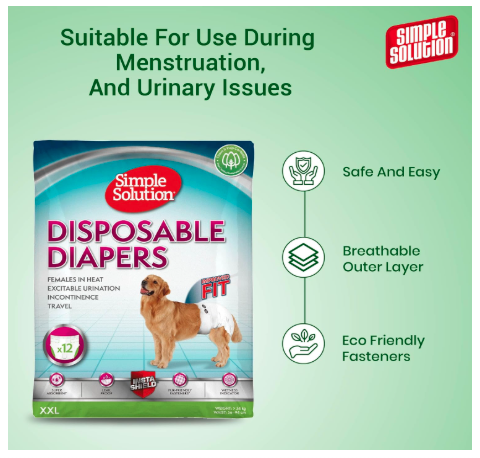 Simple Solution True Fit Disposable Dog Diapers for Female Dogs, Super Absorbent with Wetness Indicator, Leak Proof XXL Size 56-94cm Waist (12 Pack)