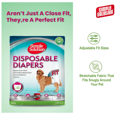 Simple Solution True Fit Disposable Dog Diapers for Female Dogs, Super Absorbent with Wetness Indicator, Leak Proof XXL Size 56-94cm Waist (12 Pack)