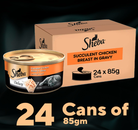 Sheba Deluxe Premium Adult (1+ Years) Wet Cat Food, Succulent Chicken Breast in Gravy, 85 g Can (Pack of 24), High-Moisture Gravy cat Food